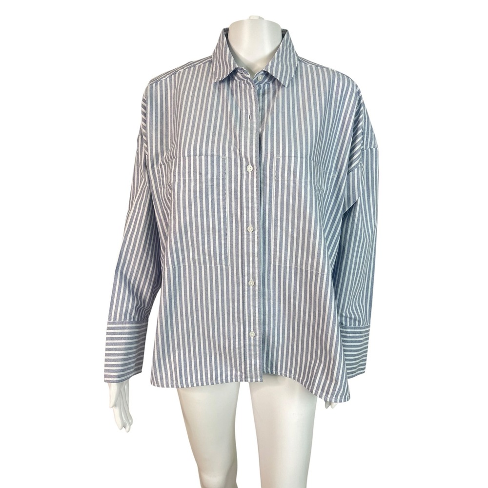 Everlane Shirt Top Blue White Striped Boxy Button Front Pockets Size M NWT FLAW